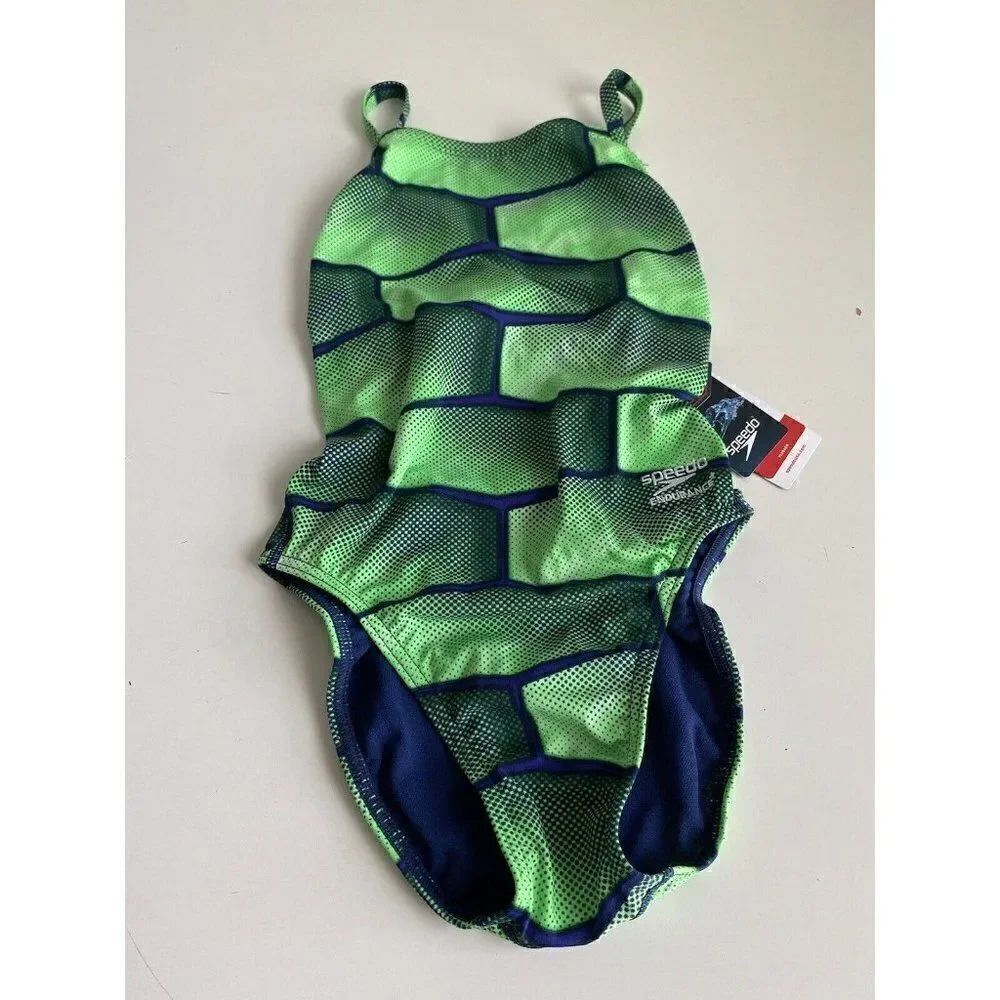 Speedo Endurance+ Flyback Racing Cut Swimsuit Size 26 Green/Blue Competition NEW
